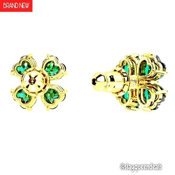 Gold-Tone Crystal Stud Earrings, Clover Motif, 0.47 Inch
